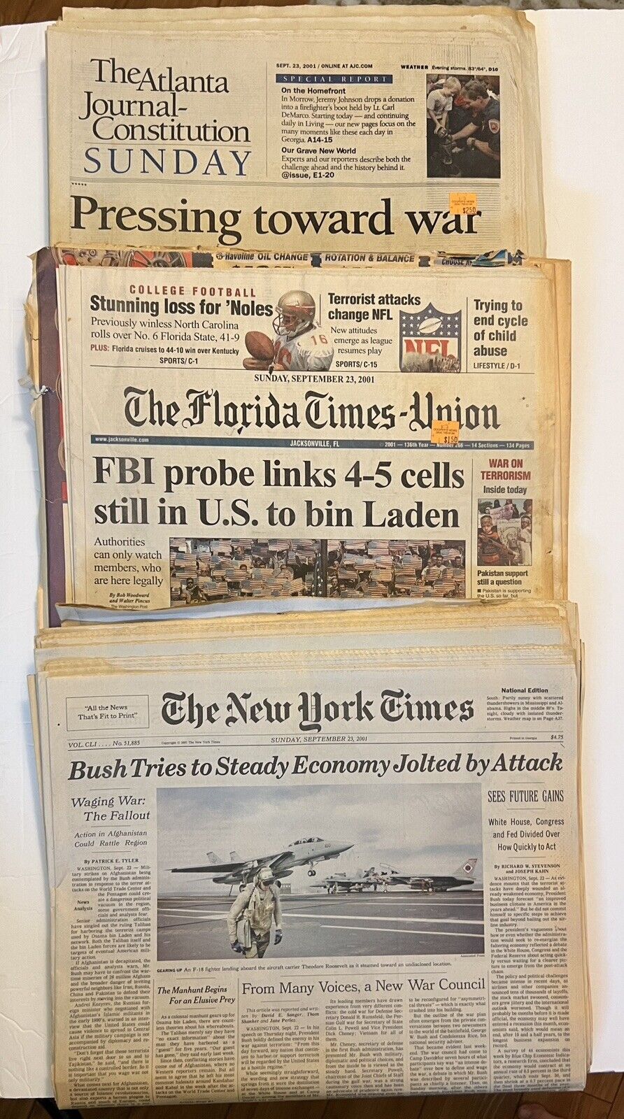 Sept 23, 2001 Sunday - 3 Different Newspapers From September 2001