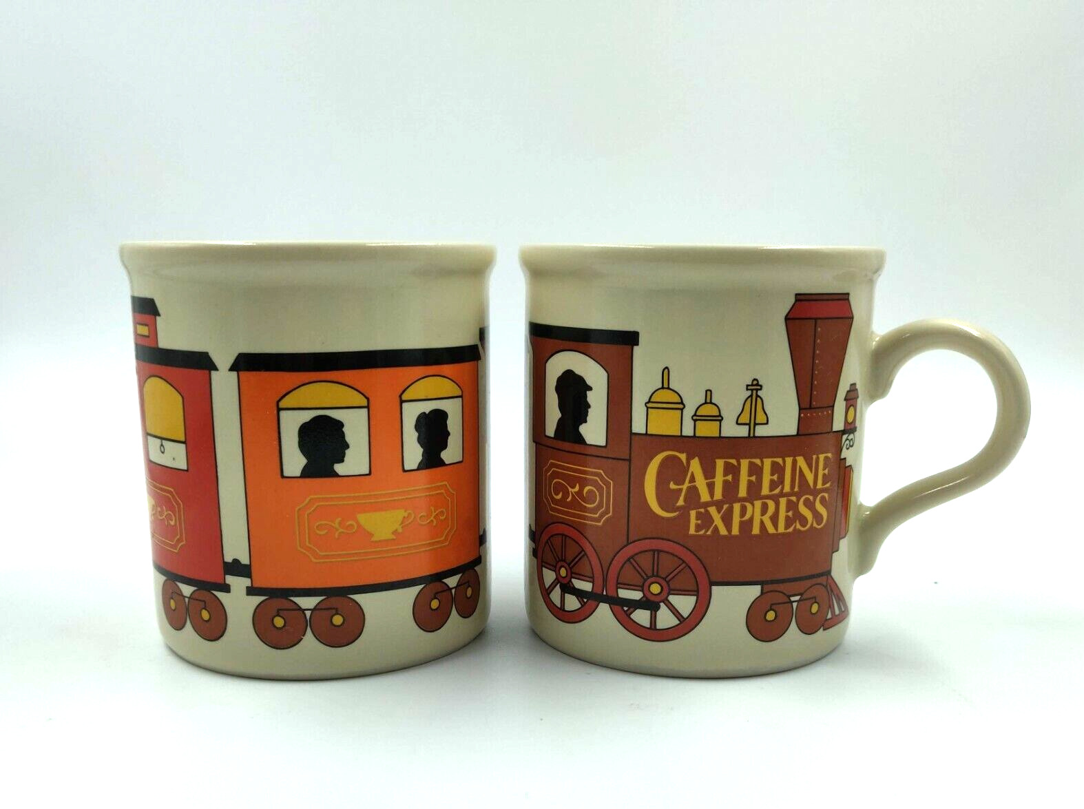 Set of 2 Vintage Caffeine Express Train Coffee Mugs 1985 Japan Locomotive
