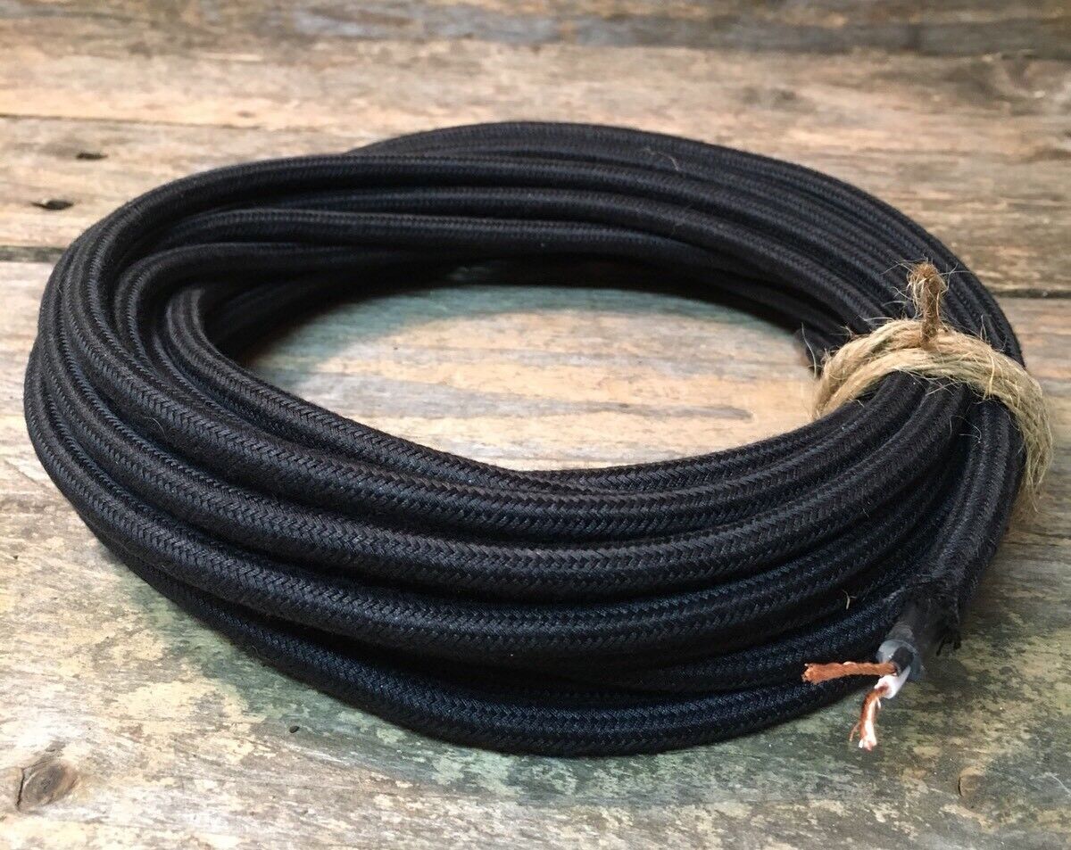 25 Ft Black Round 18/2 Antique Cotton Covered Cord -Cloth  Wire - UL Cert