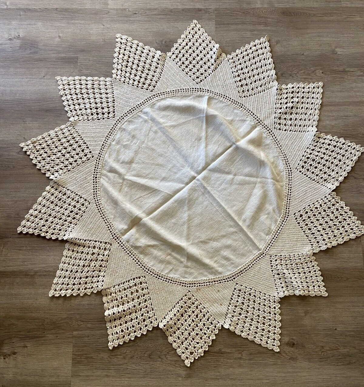 Vintage Handmade Round Linen Table Cover with Crochet Edges