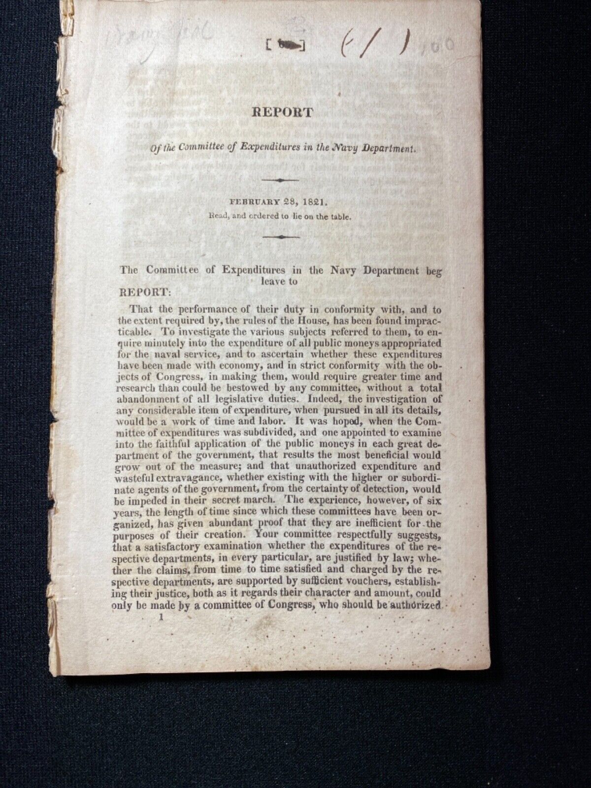Rare US Navy Marines 1821 Report The Committee of Expenditures to US House Rep
