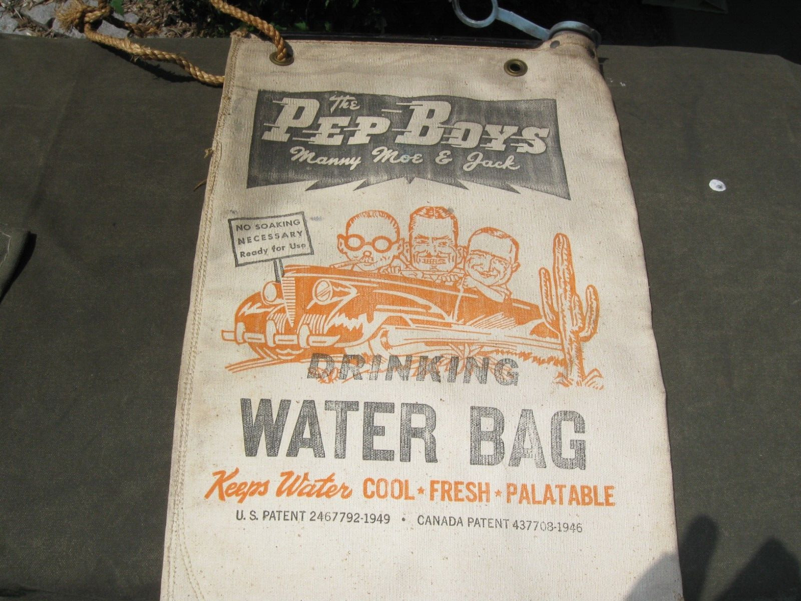 Vintage Canvas PEP BOYS Canvas Water Bag Two sided.