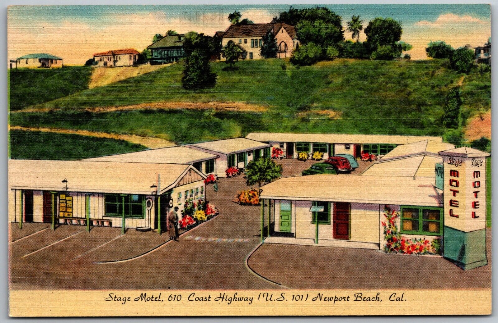 Newport Beach California Stage Motel Street View Antique Postcard