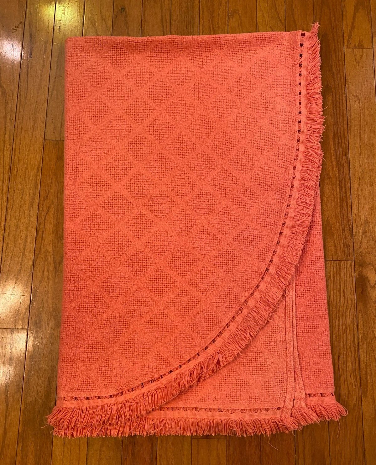 Vintage MORGAN JONES Blanket BEDSPREAD Twin SALMON PINK Fringe Diamond Knit 2nd