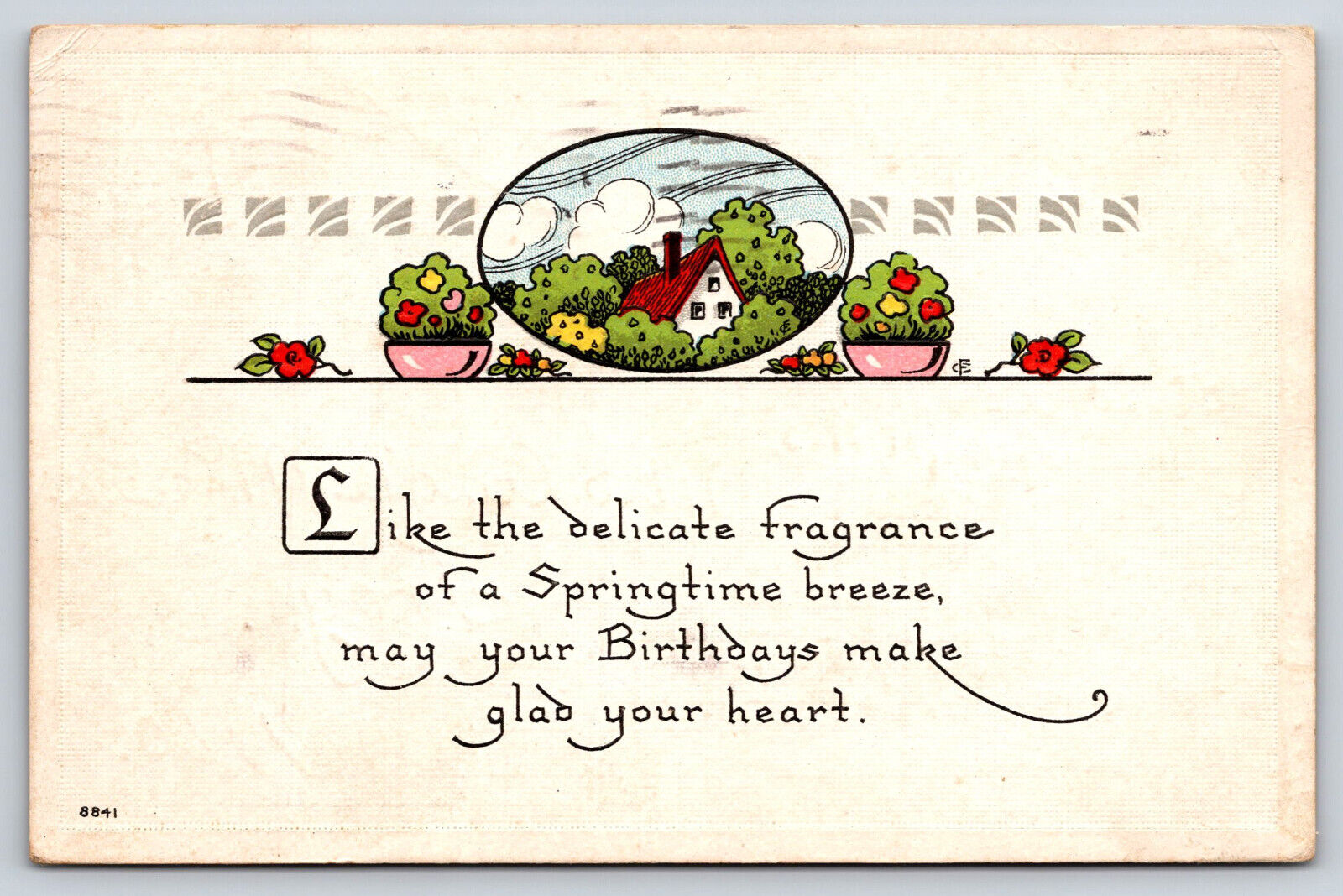 Birthday, House Flowers Springtime, Vintage Antique 1915 Postcard