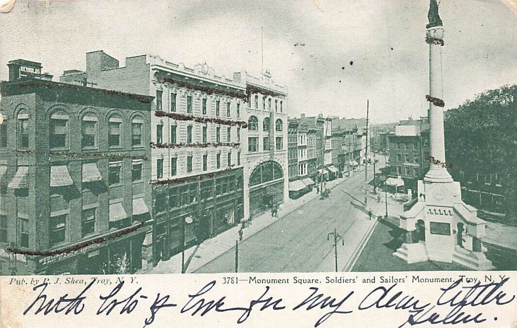 c1905 Aerial View Monument Square Soldiers Sailors Street Scene Troy NY P496