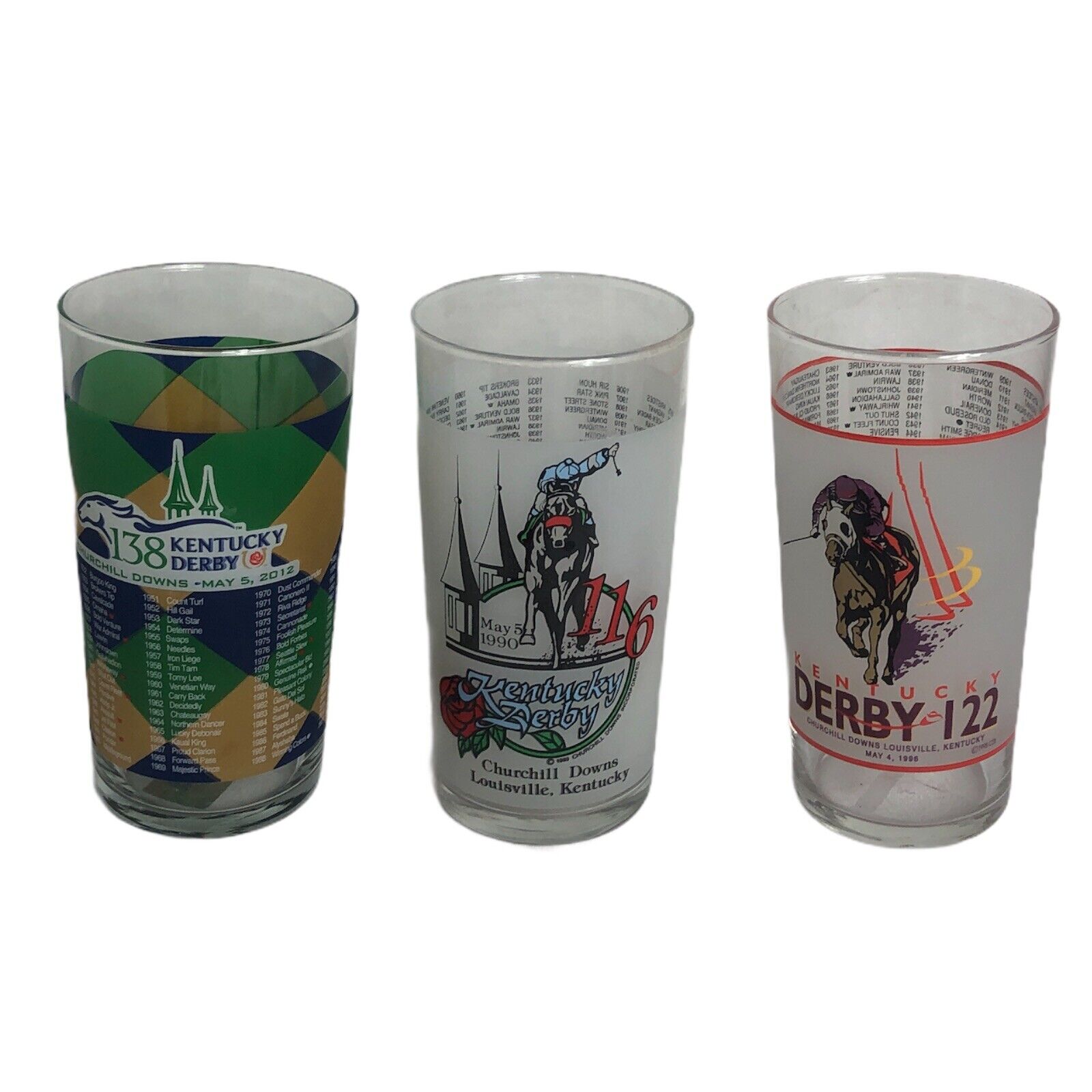 3 KENTUCKY DERBY Bar  glasses 1987 1990 And 2012 12 ounces