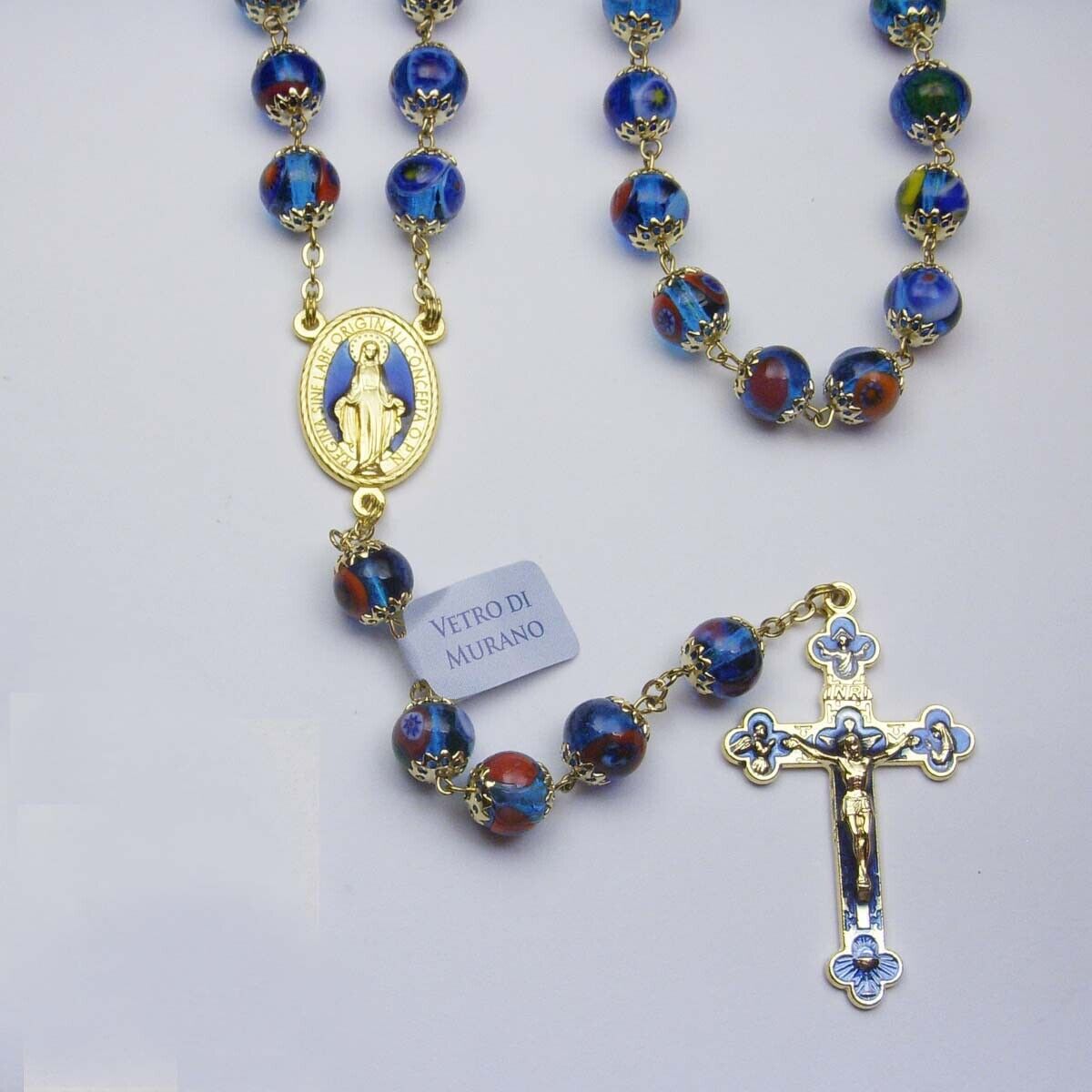 NEW Very Best Murano Murrina Glass Rosary -  Extra Colorful / Blue