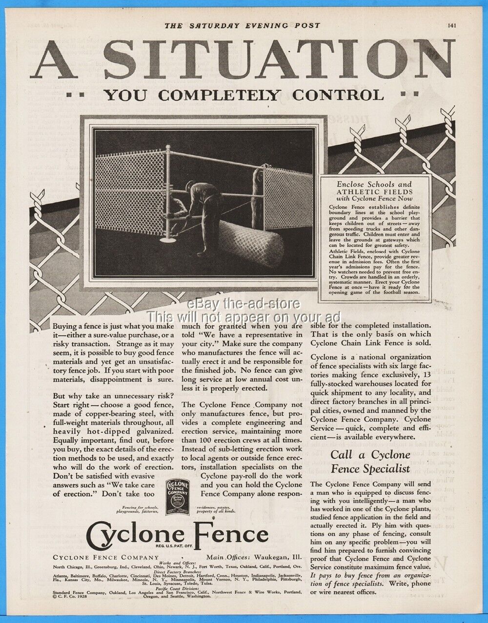 1928 Cyclone Fence Co. Waukegan IL Cleveland OH Fort Worth TX chain link Ad
