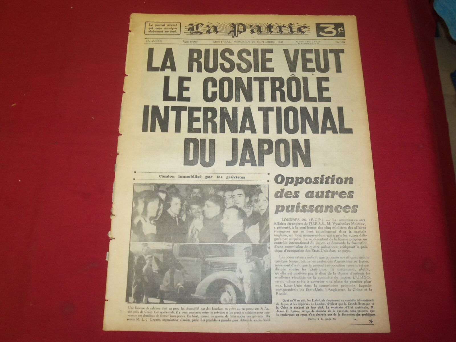 1945 SEP 26 LA PATRIE NEWSPAPER-FRENCH-LA RUSSIE VEUT LE CONTROLE DUJAPON-FR1885