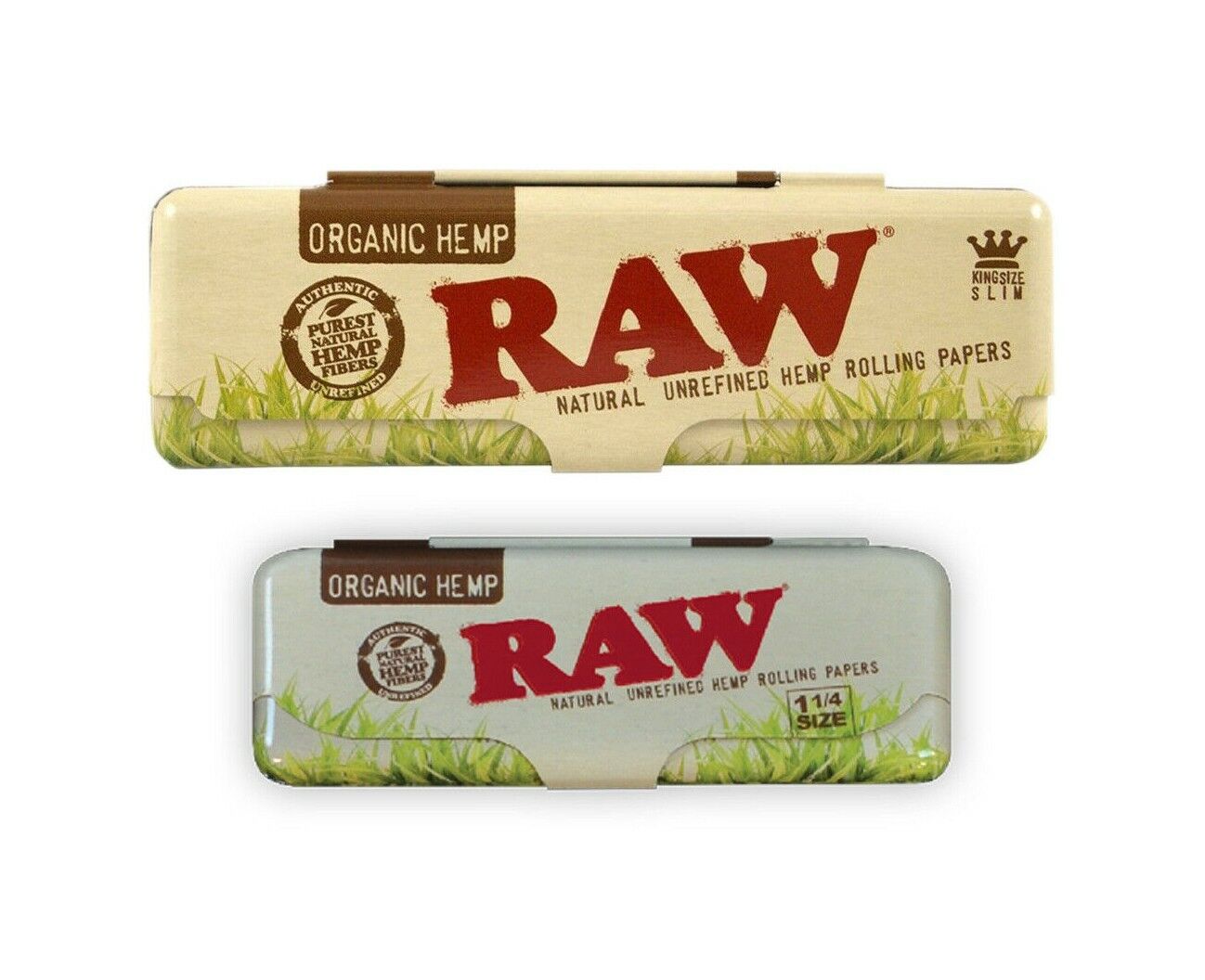 Both RAW Organic Hemp Metal Paper Case King Size and 1 1/4 size