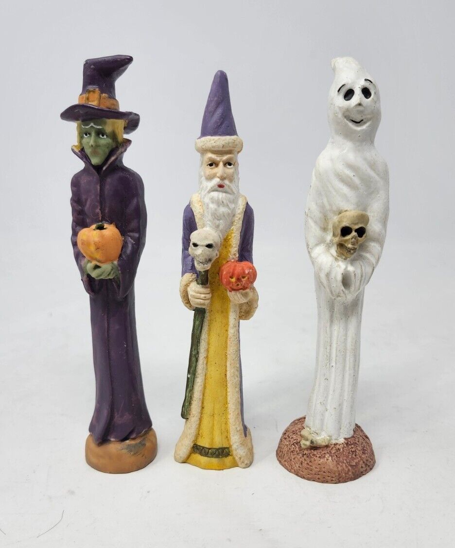 Vintage Halloween Wizard Ghost Witch Tall Slender Figurine Set 3 Lot Skulls EUC 