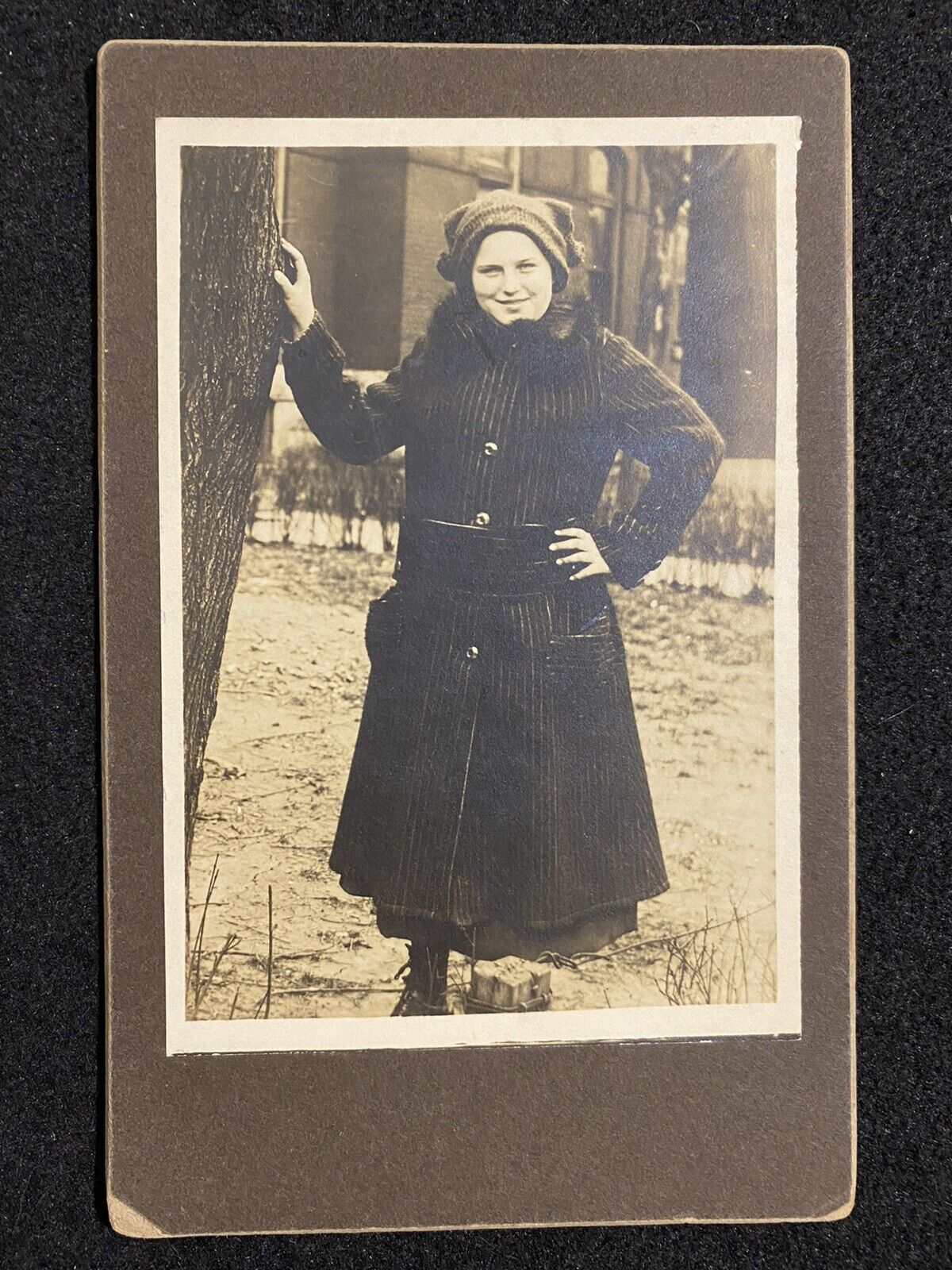Identified Pretty Woman Outside In Winter Antique Cabinet Photo