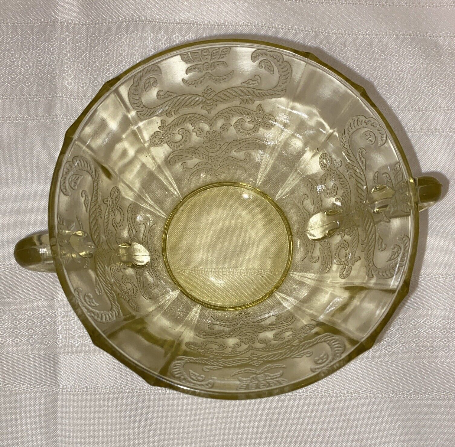 Vintage Yellow Amber Depression Glass Madrid Pattern Soup Bowl Double Handled