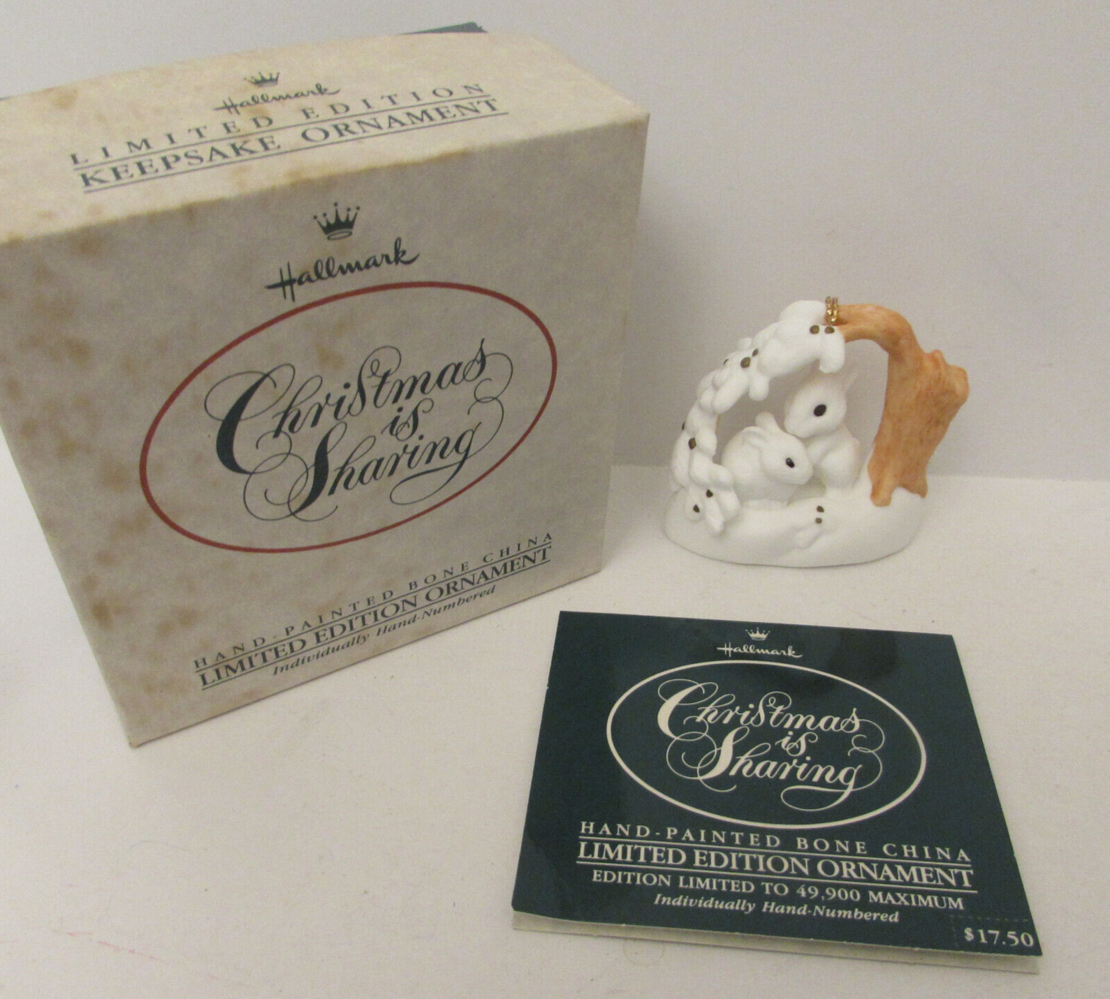 Hallmark 1988 Christmas Is Sharing Rabbits Limited Edition Bone China Ornament