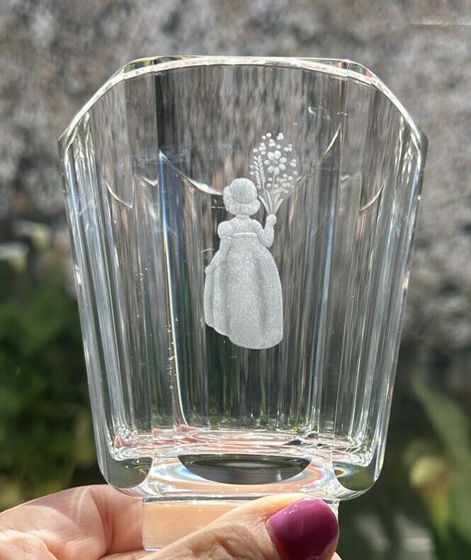 Vintage Orrefors Crystal Vase Etched Girl Young Lady w/Bouquet of Flowers 4\