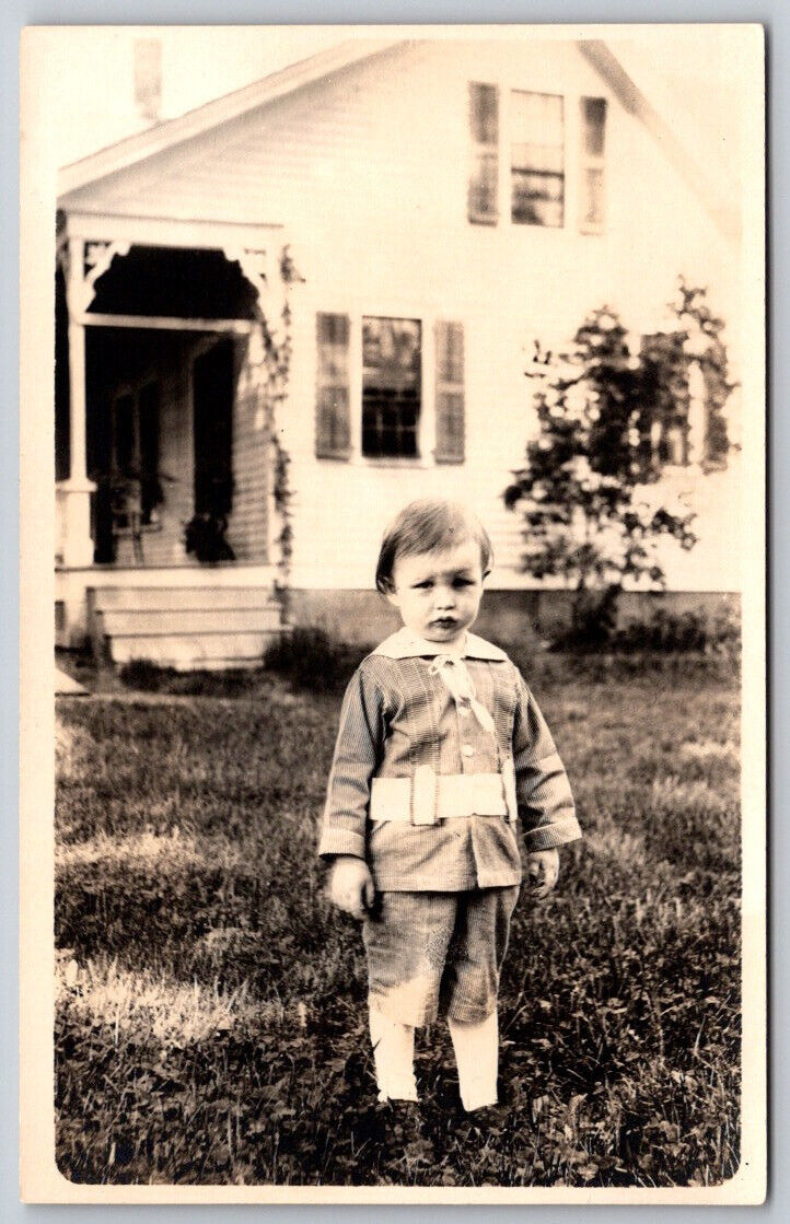 Toddler Posing in Front of Home June 13 c1917 Real Photo Postcard RPPC
