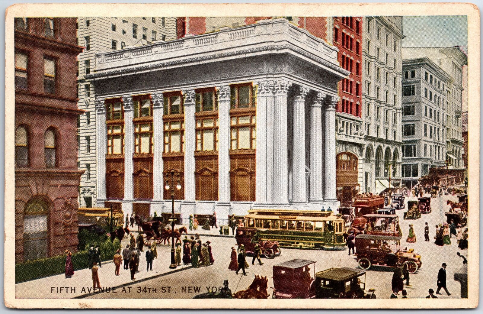 VINTAGE POSTCARD STREET SCENE AT INTERSECTION OF FIFTH AVENUE & 34th ST NYC 1925