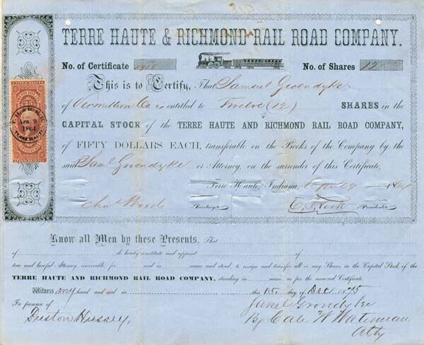 Terre Haute and Richmond Railroad - Stock Certificate - Railroad Stocks