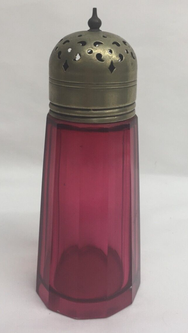 ANTIQUE VICTORIAN CRANBERRY GLASS TALL PANEL SUGAR SHAKER EPNS SILVER PLATED LID