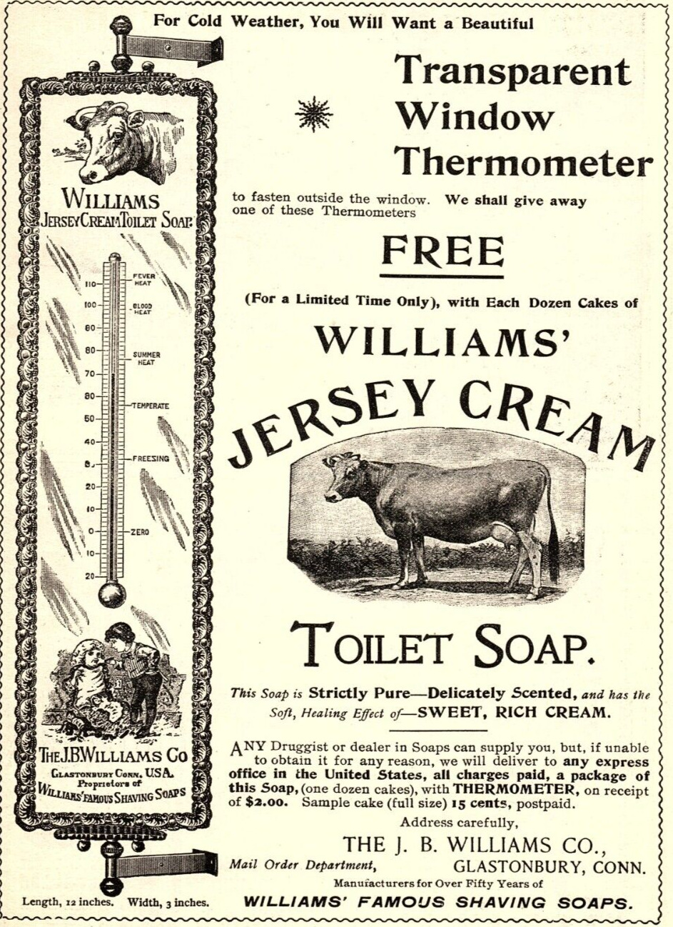 1896 WILLIAMS JERSEY CREAM TOILET SOAP COW THERMOMETER OFFER VINTAGE AD Z334