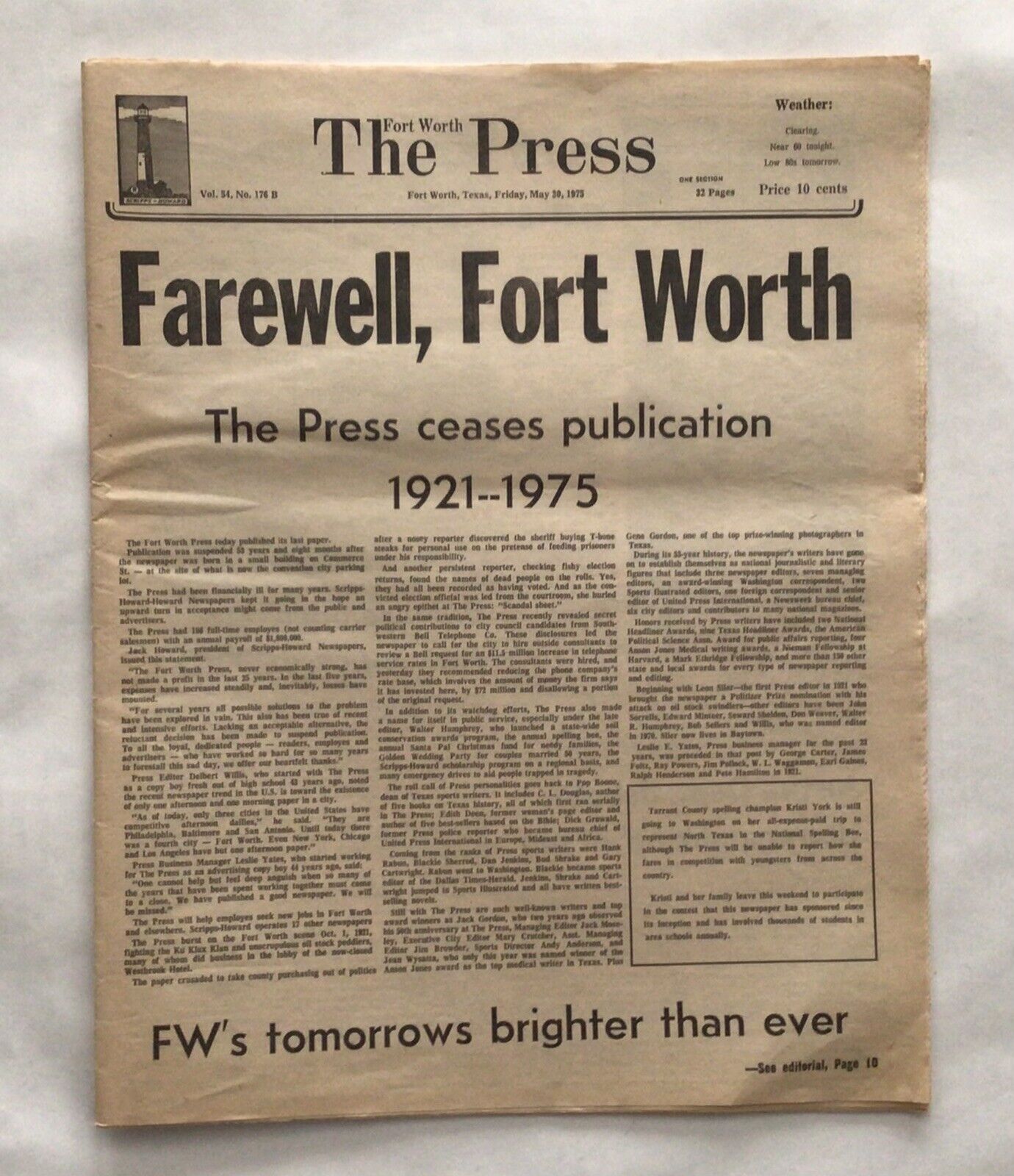 FAREWELL FORT WORTH /FINAL NEWSPAPER ISSUE FORT WORTH PRESS 1975