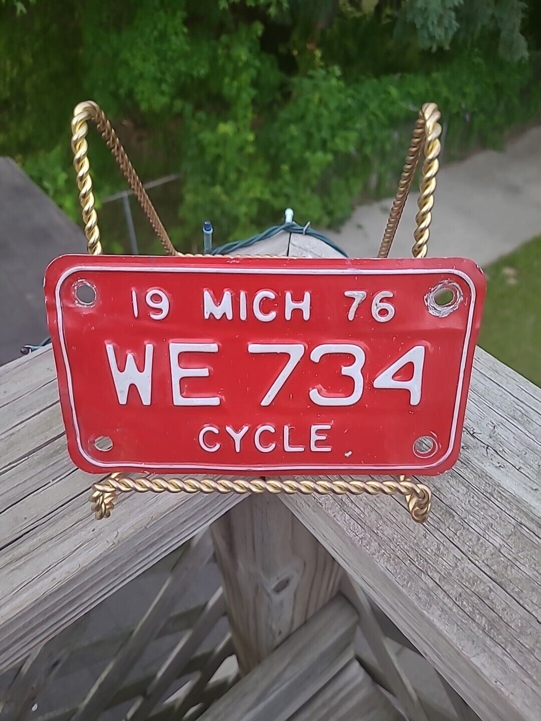 1976 Michigan License Plate Motorcycle # WE 734 Vintage Red White