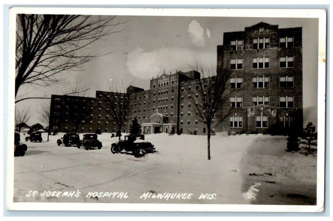 1937 St. Joseph\'s Hospital View Winter Snow Milwaukee WI RPPC Photo Postcard