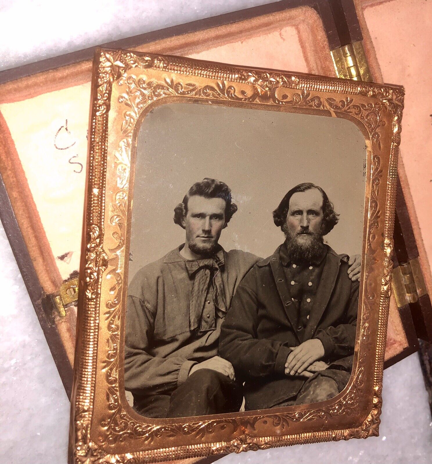 1850s 1860s ID\'d Man & Son Maine Photographer Card Civil War Sailors Soldiers?
