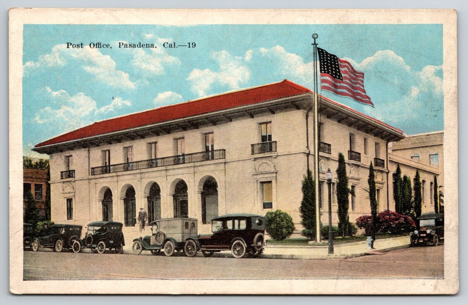 Post Office, Pasadena, California Old Cars US Flag Postcard S3411