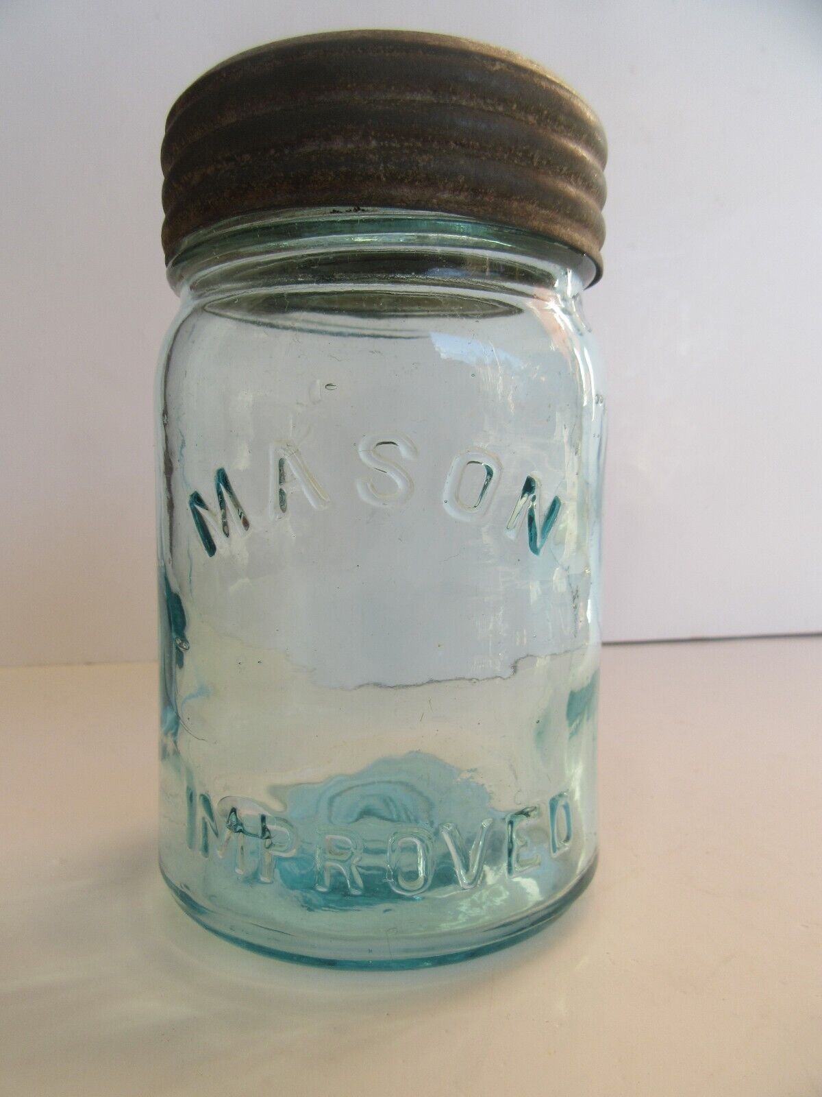 Antique 19th Century Mason's Improved Aqua Pint Jar w/ Lid, Stamped F