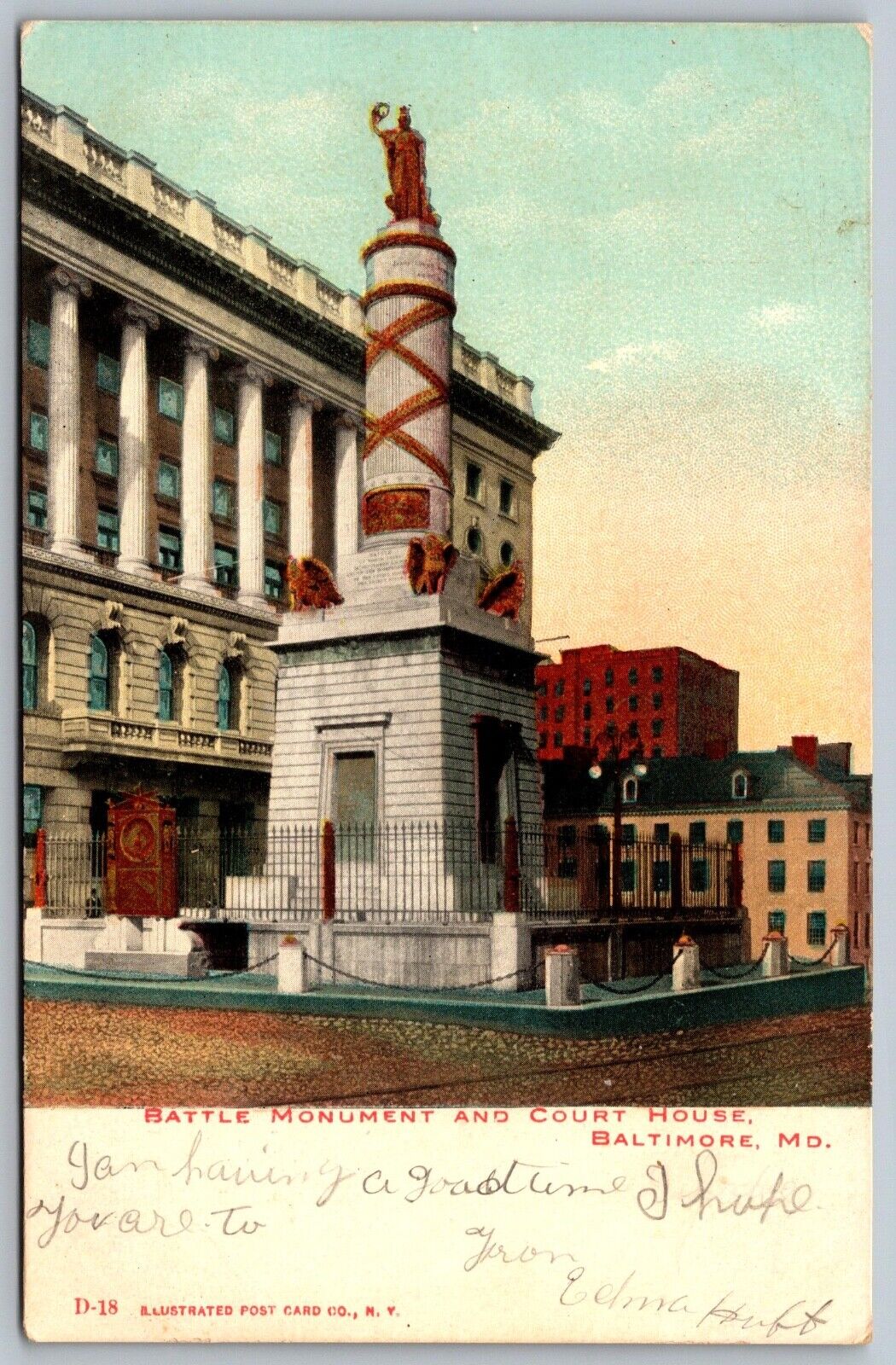 1907 Battle Monument & Court House Baltimore Maryland Undivided Back Postcard H2
