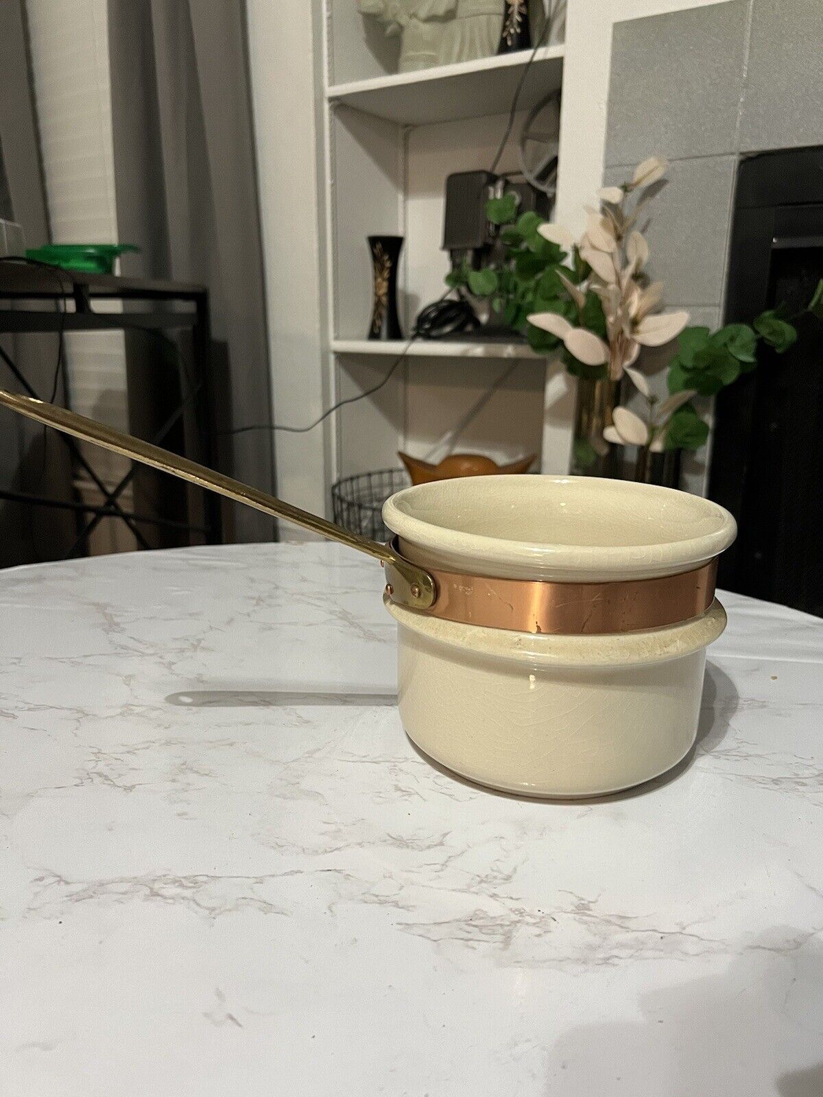 Vintage White Ceramic Pot With Copper Band And Brass Handle