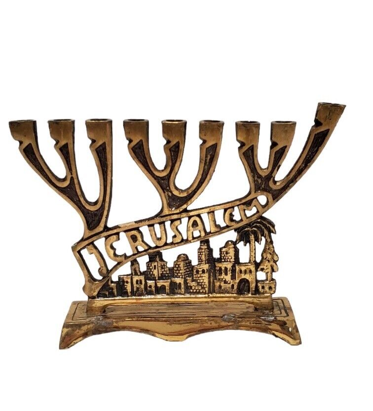 Vintage Judaica Hanukkah Menorah Israel JERUSALEM Jewish Solid Brass Chanukah 