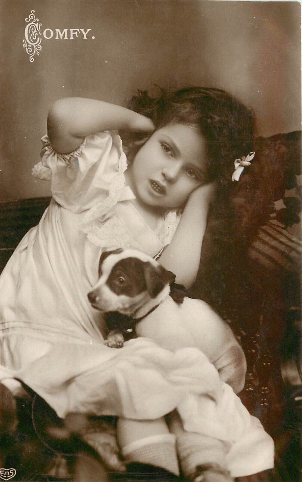 EAS RPPC 960. Pretty Little Girl w/Terrier Puppy Dog, Comfy. Posted