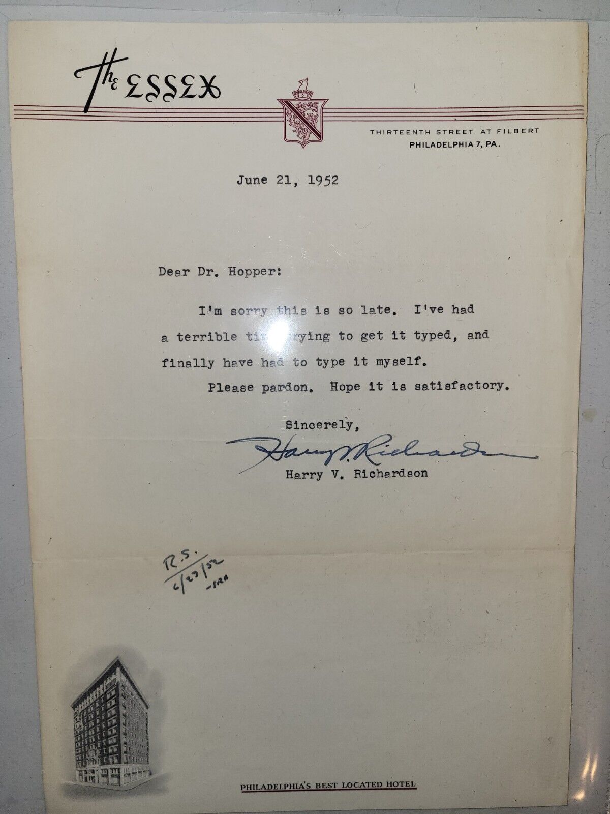 Signed 1952 Letter From Harry V. Richardson, Theologian, Writer And 1st Pres ITC