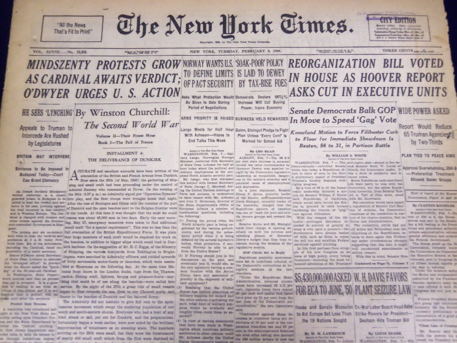 1949 FEB 8 NEW YORK TIMES - MINDSZENTY PROTESTS GROW AS CARDINAL AWAITS- NT 1491