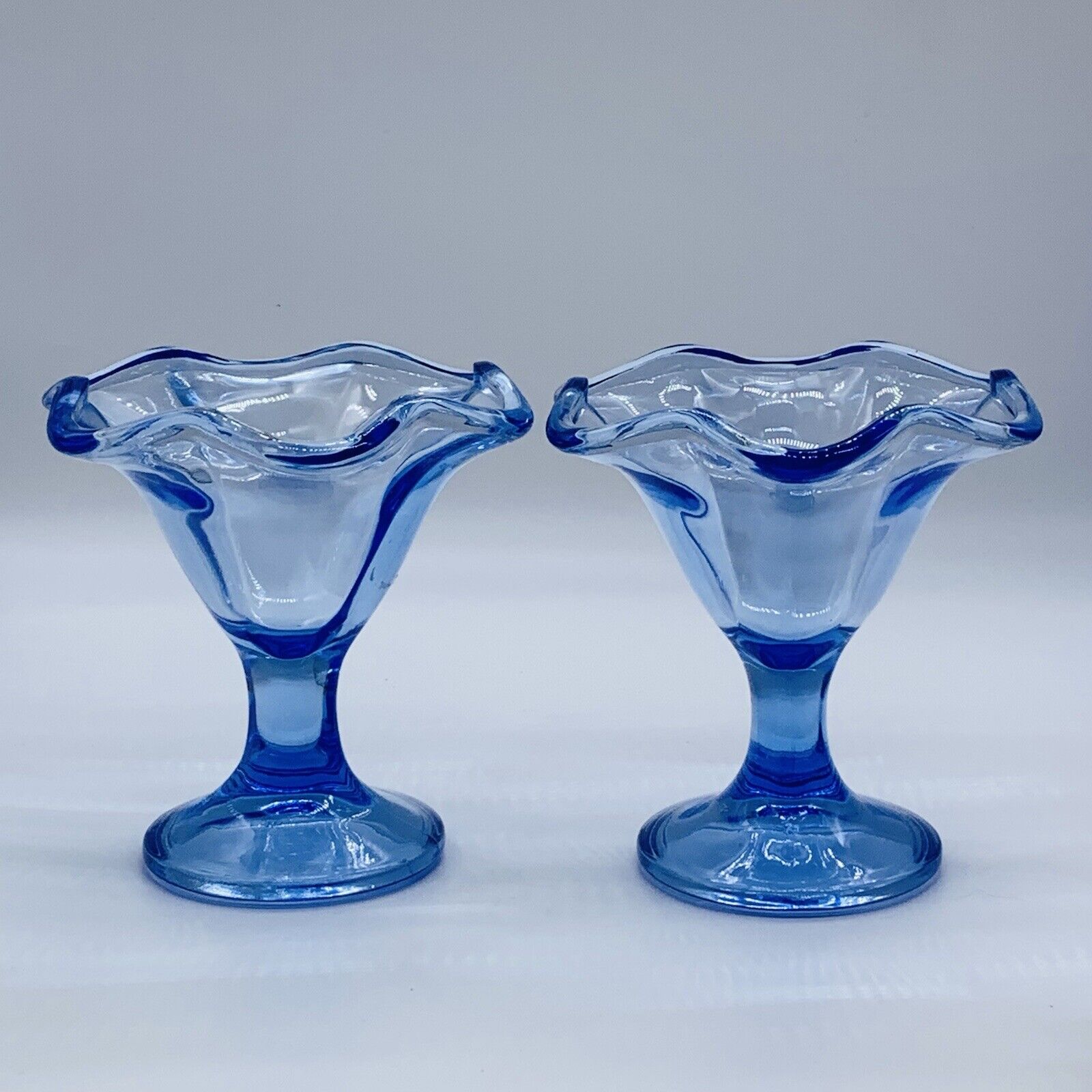 Italian Dessert Ice Cream Footed Bowl Glass  Blue Container Set 2 Pcs 5”T 4.5”W