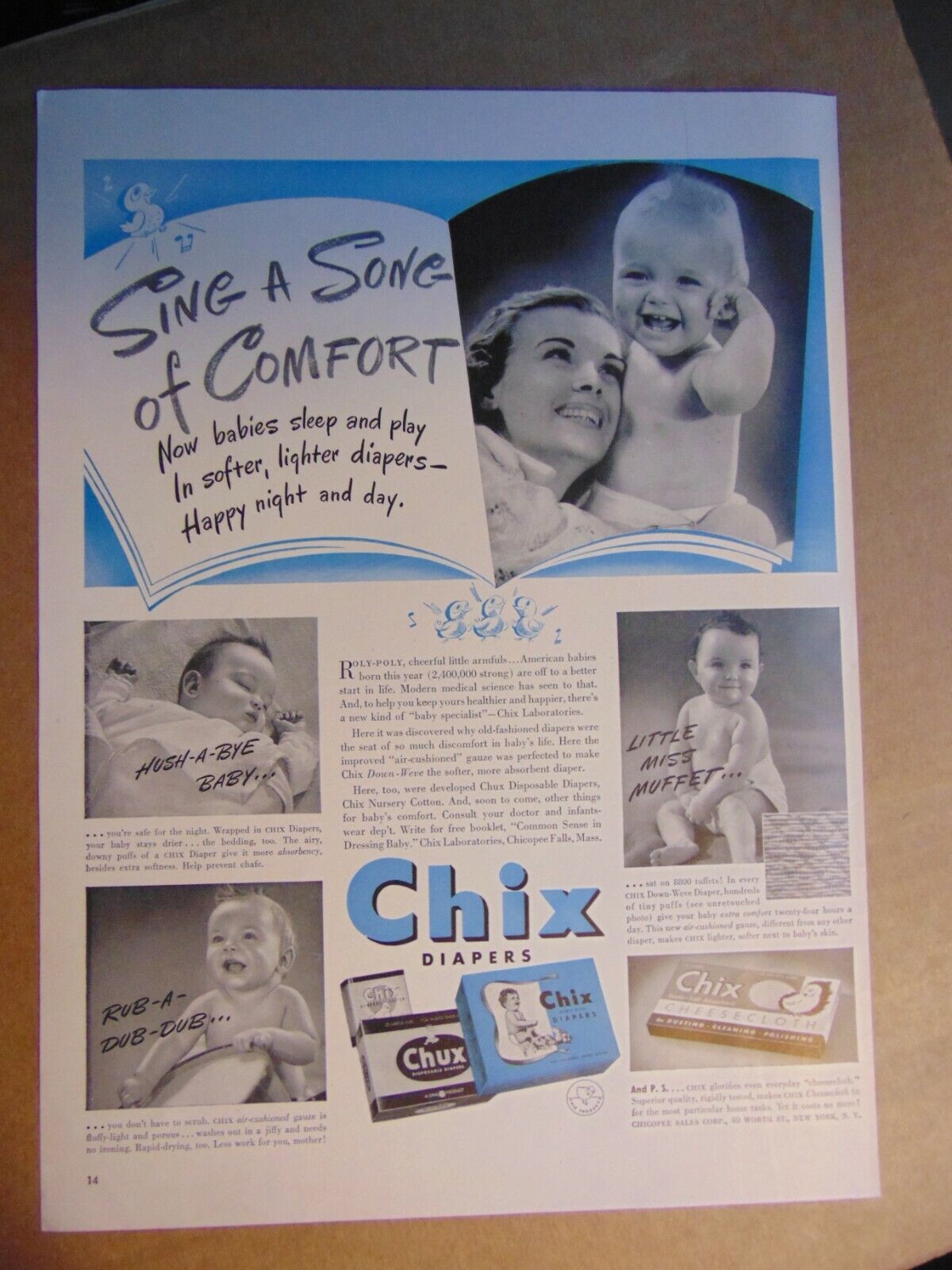 1941 CHIX DIAPERS Sing a Song of Comfort Happy Baby vintage art print ad