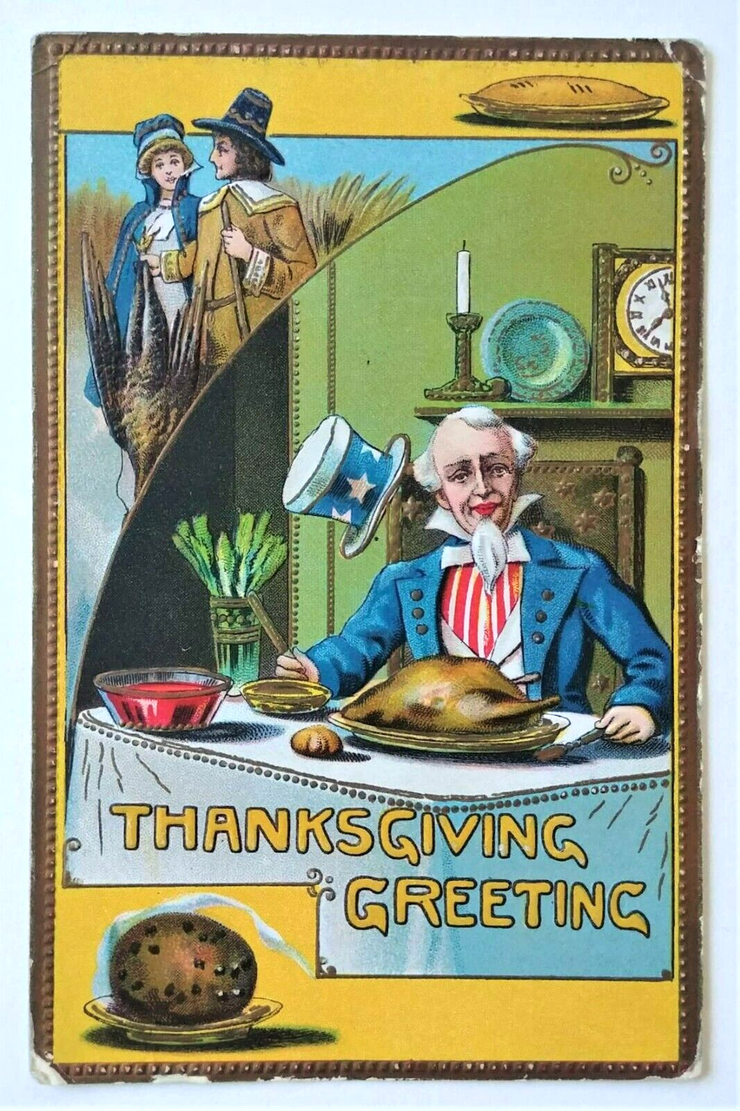 Vtg 1909 Uncle Sam w/Turkey THANKSGIVING GREETING Patriotic Postcard~Pilgrims