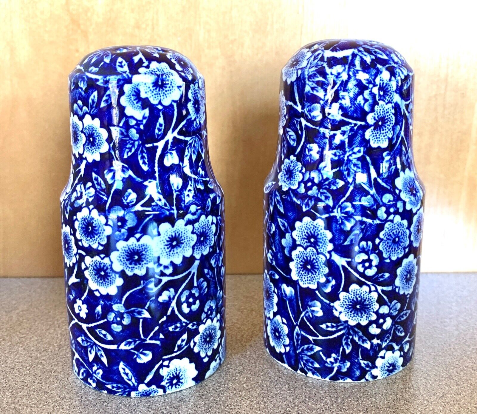 Blue Calico Royal Crownford Staffordshire England Salt  Pepper Shakers floral 4”