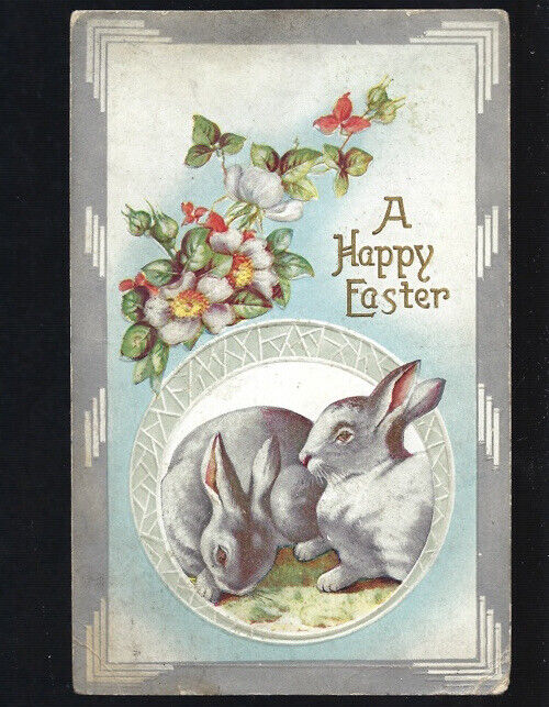 c.1914 Happy Easter Flowers Floral Rabbit Bunnies Bunny Embossed Postcard POSTED