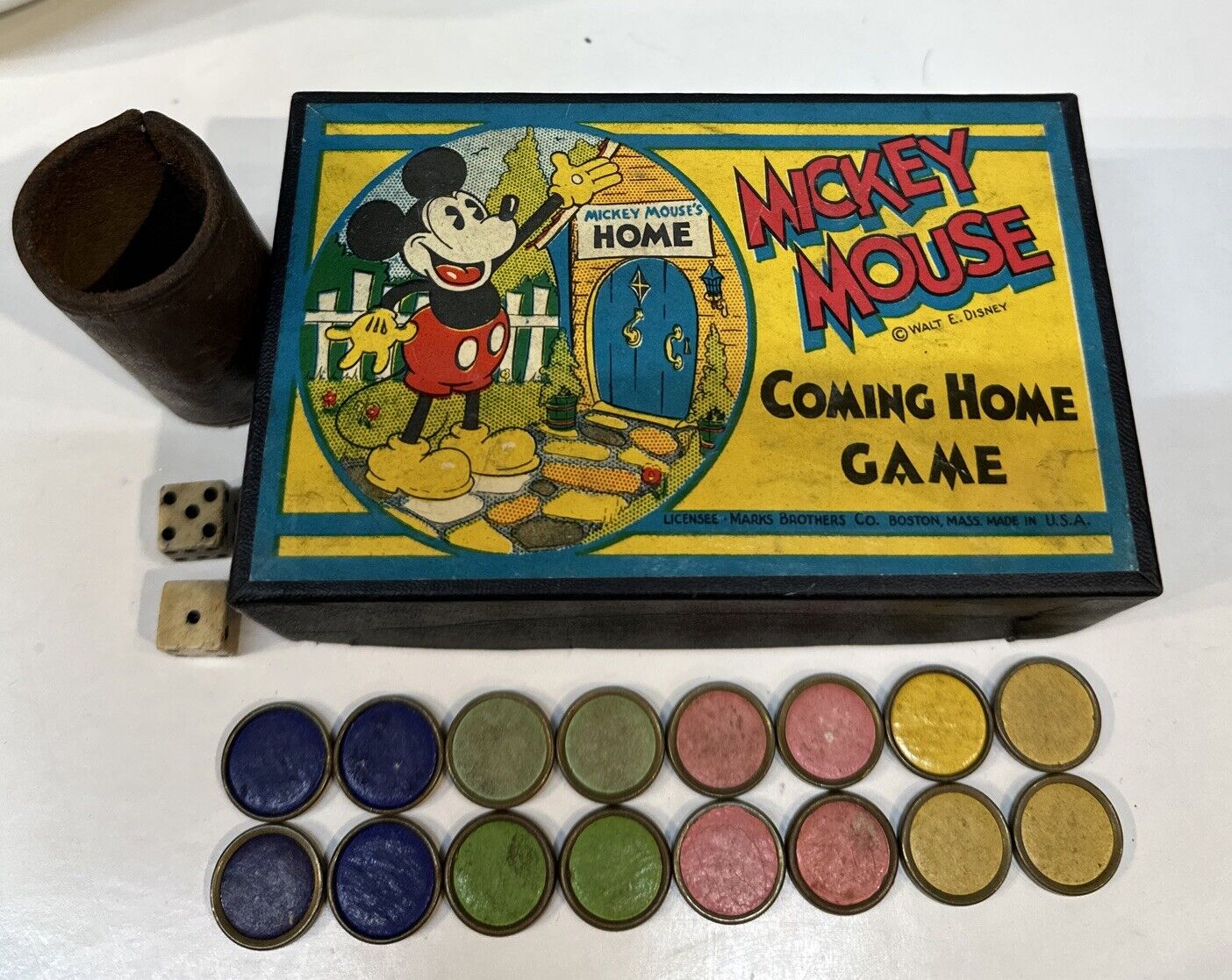 1933 Mickey Mouse Coming Home Marks Brothers Co Box Lid Markers Dice Leather Cup