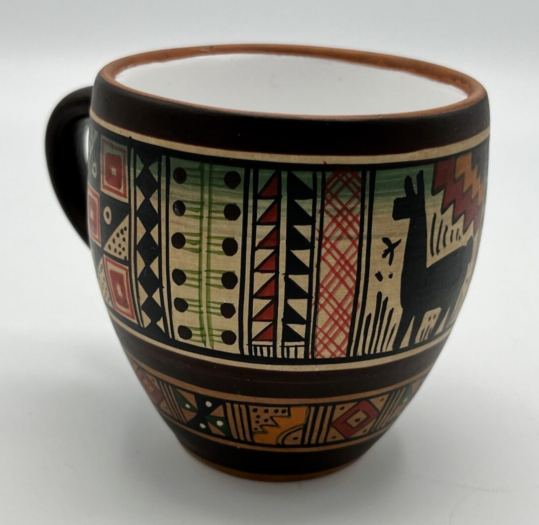 Peruvian Pottery Mug Hand Painted Indigenous Designs Cusco Peru