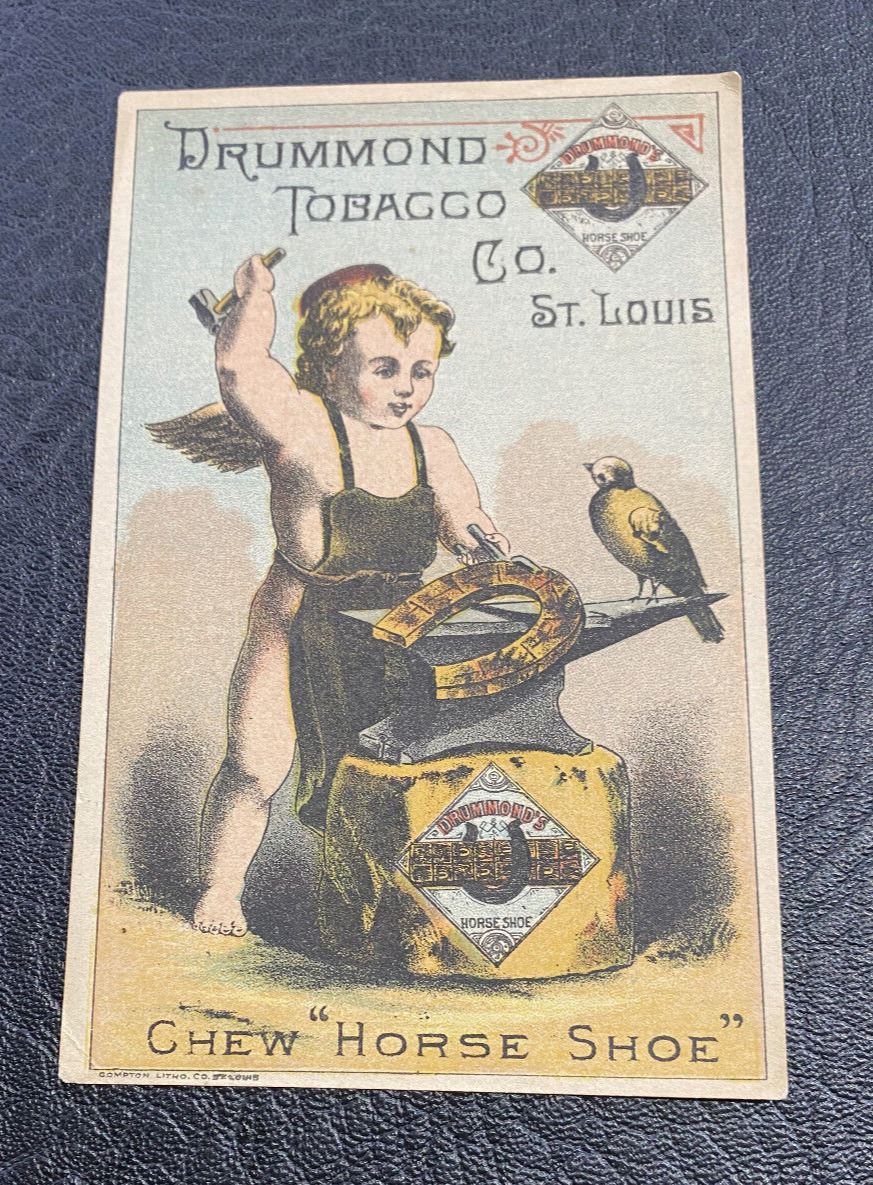 1890s Trade Card Drummond Tobacco Co St Louis Horse Shoe Tobacco w/ Cherub
