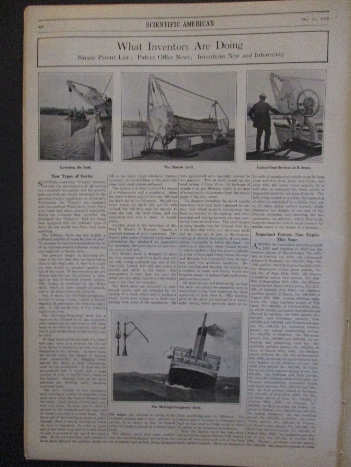 1912 TITANIC DISASTER LAUNCHING LIFEBOATS AEROPLANE PLANE SCIENTIFIC AMERICAN