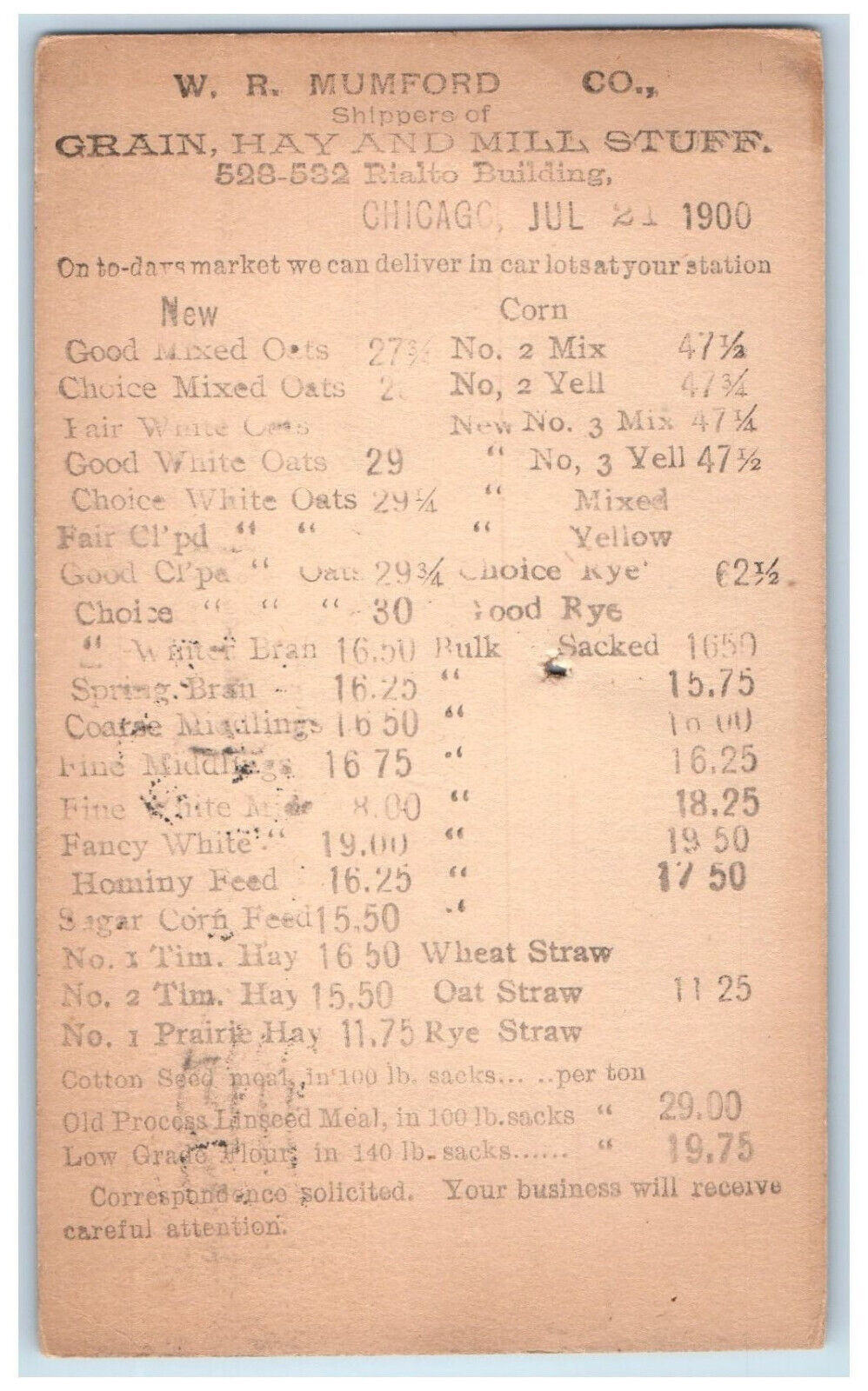 1900 W.R. Mumford Co. Grain Hay Shippers Price Sheet Chicago IL Postal Card