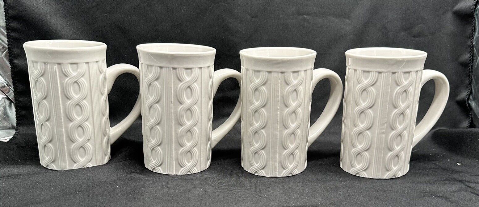 Bay Island Coffee Tea Cocoa Cup Mugs White Cable Knit Sweater Look Set Of 4 14oz