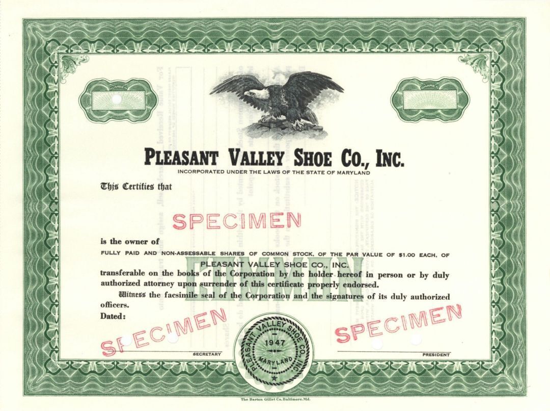 Pleasant Valley Shoe Co., Inc. - 1947 dated Specimen Stock Certificate - Specime