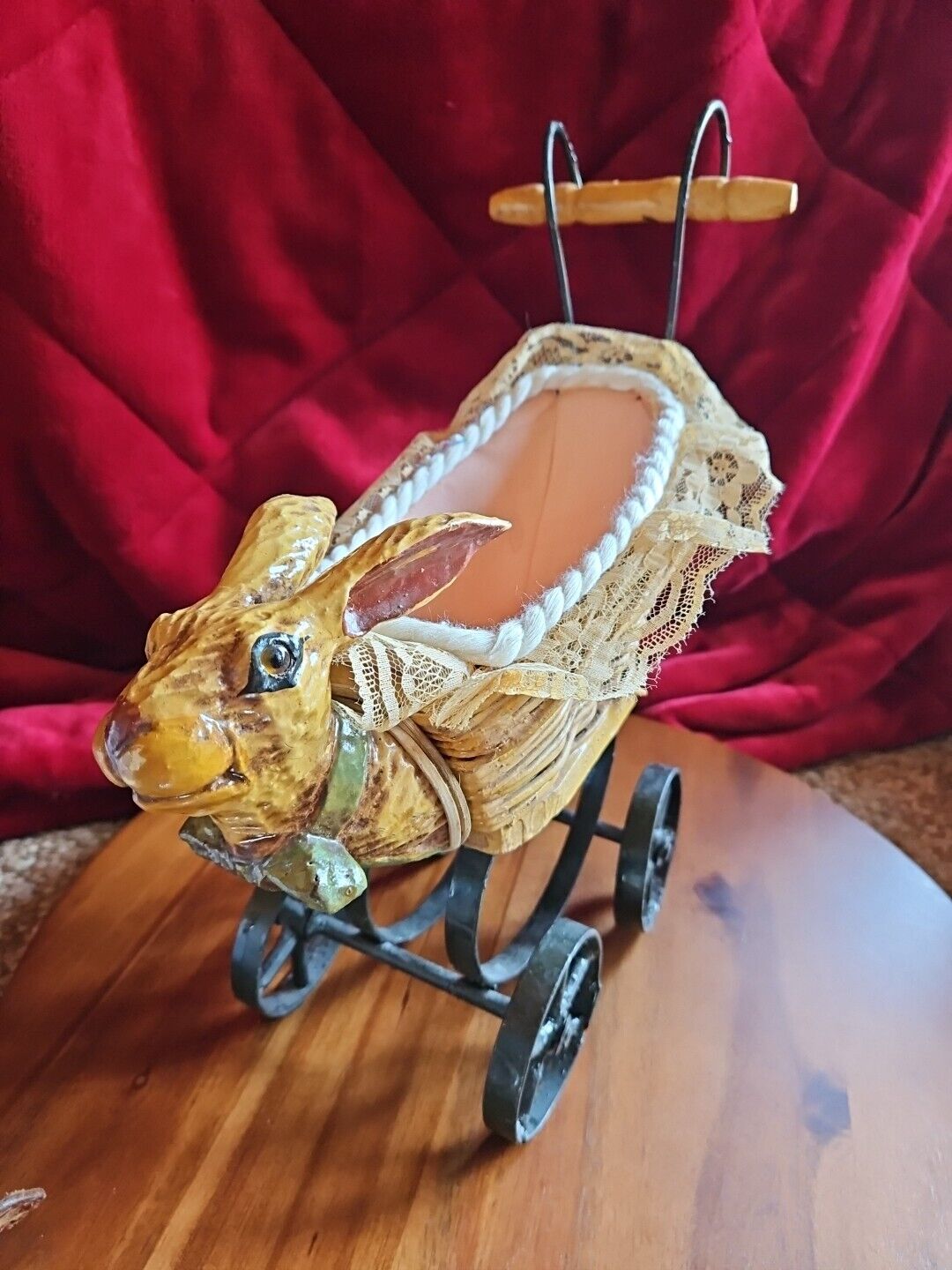 Doll Stroller, Pram Rabbit Bunny Head, Wicker Basket/Iron Base
